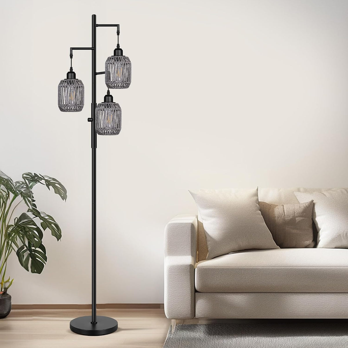 ROTTOGOON Dimmable Boho Floor Lamp - 3 Light Farmhouse Rattan Floor Lamp for Living Room, Industrial Tree Floor Lamps with 3 X 6W LED Bulbs, Rustic Standing Tall Lamp for Bedroom, Office, 68", Black