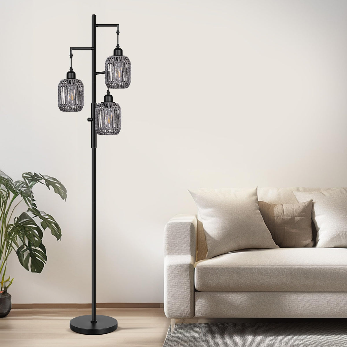 ROTTOGOON Dimmable Boho Floor Lamp - 3 Light Farmhouse Rattan Floor Lamp for Living Room, Industrial Tree Floor Lamps with 3 X 6W LED Bulbs, Rustic Standing Tall Lamp for Bedroom, Office, 68", Black