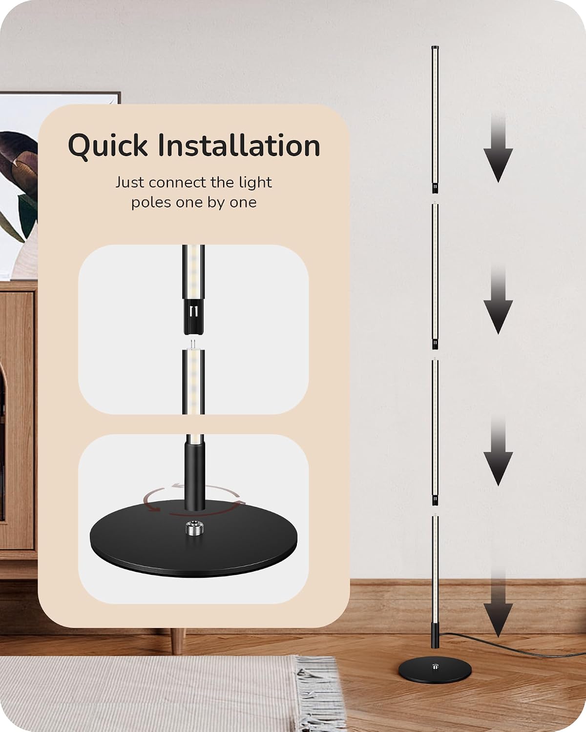 EDISHINE 59.84" LED Corner Floor Lamp, 3000K & Stepless Dimmable, Black
