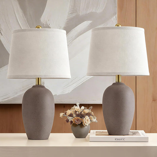 AIEAMPDO 21'' Set of 2 Farmhouse Ceramic Small Table Lamps for Living Room Bedroom, Nightstand Rustic Brown Desk Lamp for Bedside End Table Entryway, 2 LED Bulbs Included