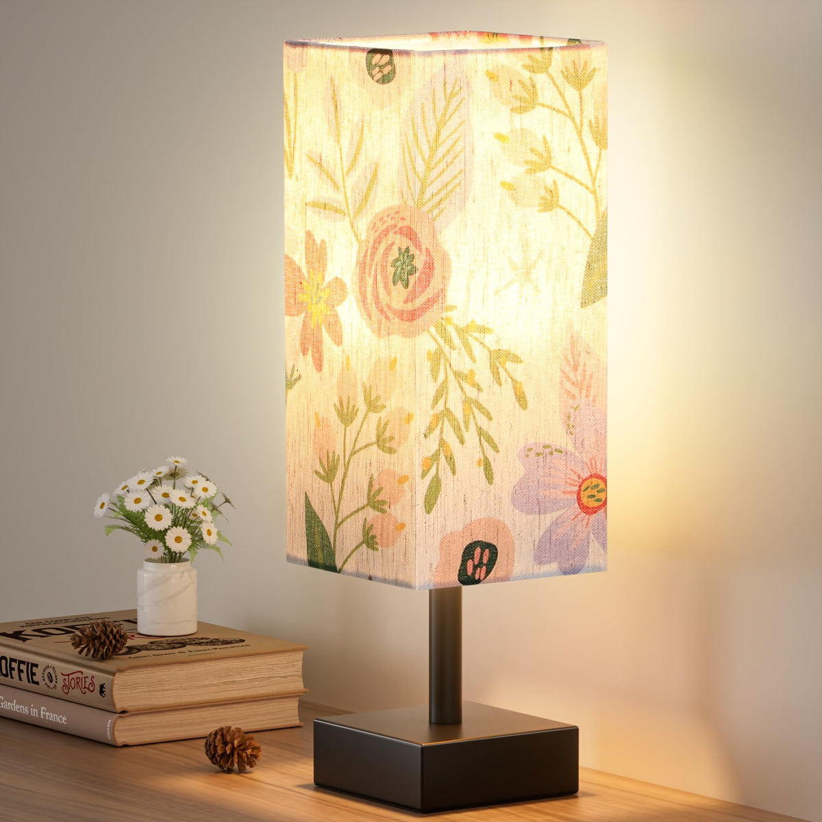 aooshine Small Bedside Table Lamp for Bedroom - Square Cream Fabric Shade