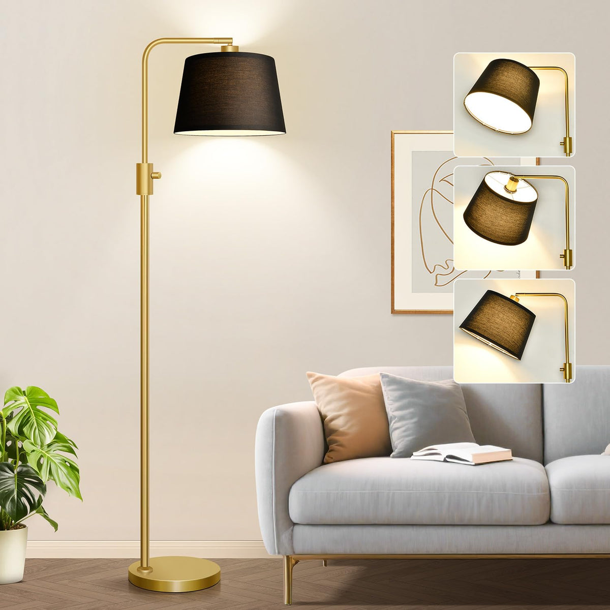 Nintiue 【Upgraded】 Dimmable Floor Lamp, 1000 Lumens LED Bulb Included, Arc Floor Lamps for Living Room Modern Standing Lamp with Linen Shade, Tall Lamp for Bedroom Office Reading Dining Room- Black