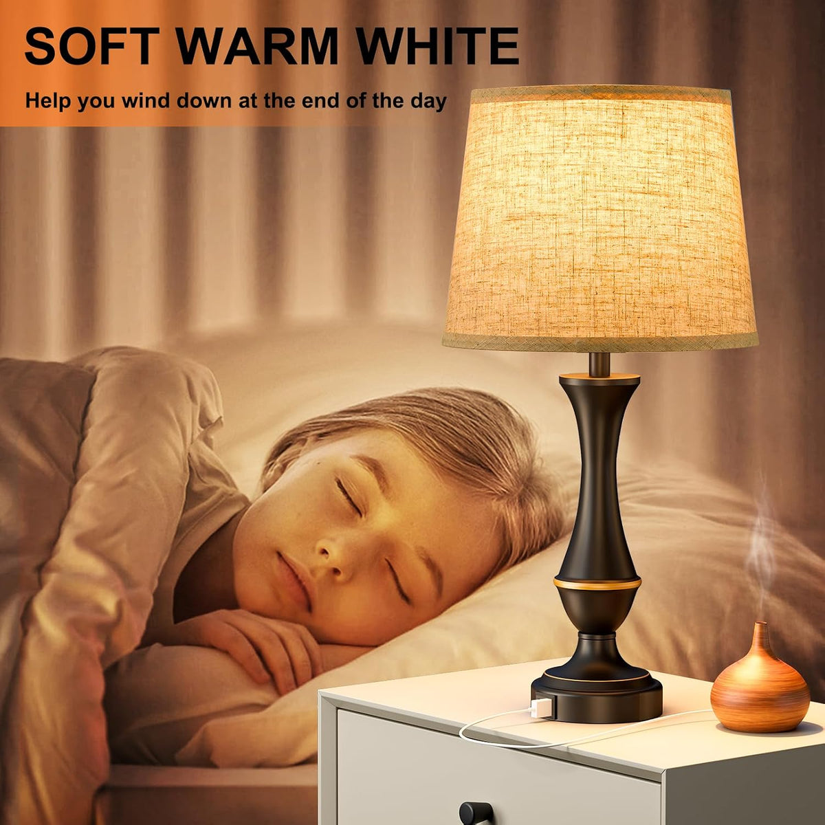 Touch Lamps for Nightstand, 3 Way Dimmable Lamps for Bedroom with USB C+A