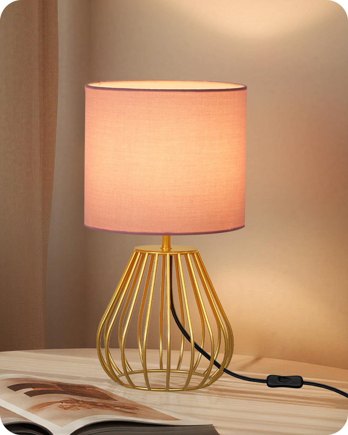 Gold Table Lamp, 12.6 Inch Small Bedside Lamp with 2700K LED Bulb
