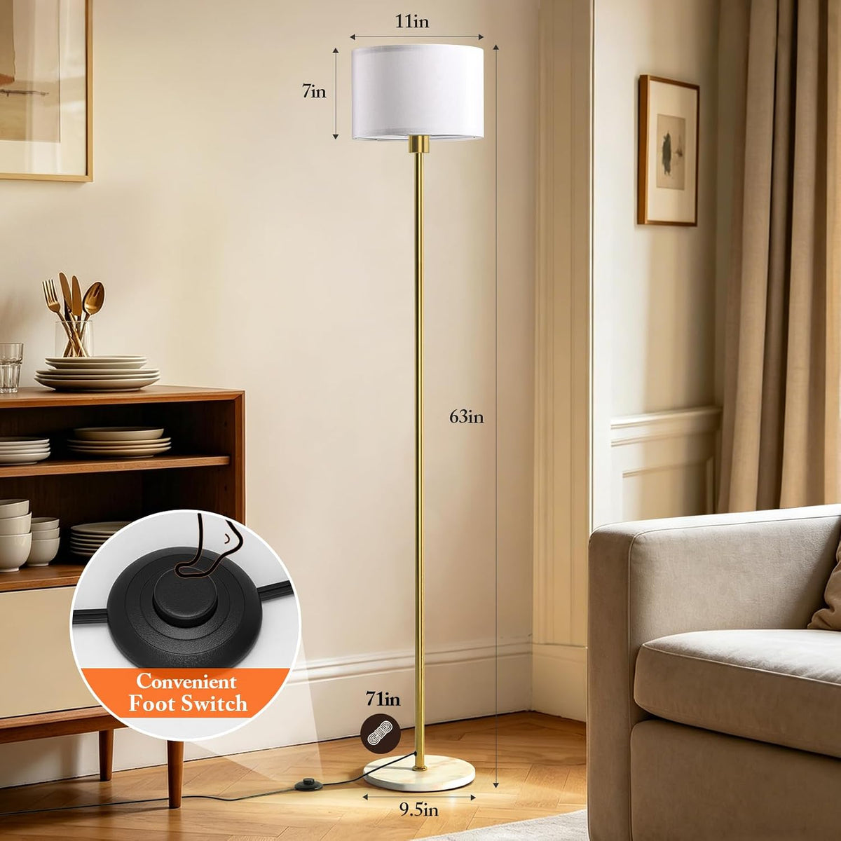 63" Gold Floor Lamp for Living Room, Standing Lamp with Marble Base