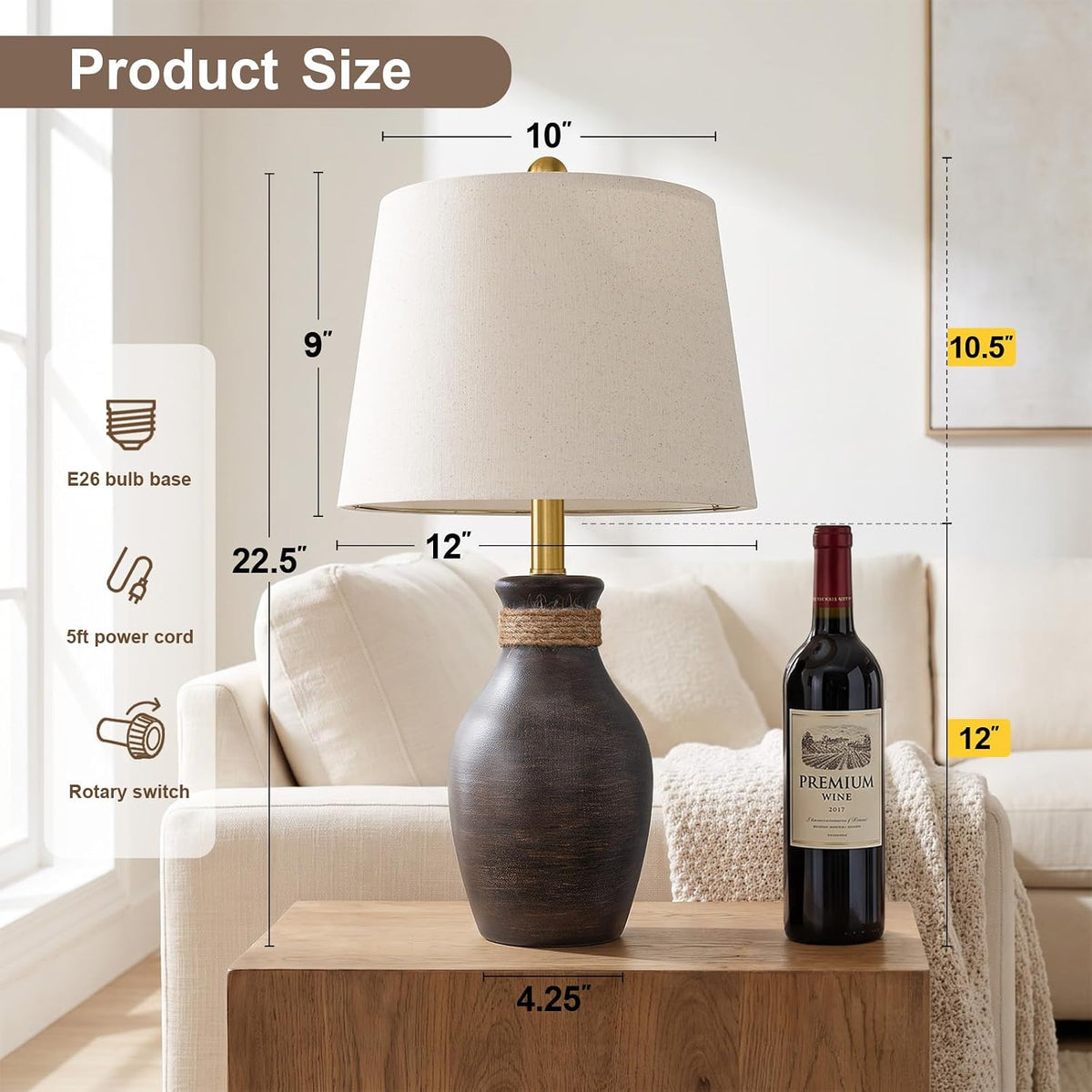 USumkky 22.5" Farmhouse Ceramic Table Lamp Coastal Bedside Lamp Dark Brown