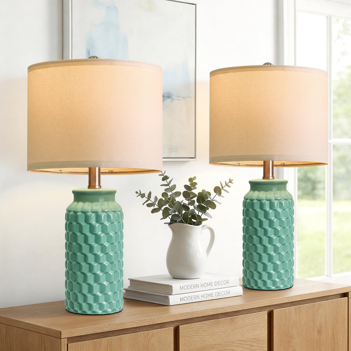 USumkky 20.5" White Modern Ceramic Bedside Lamps Set of 2, Small Table Lamp for Bedroom Decor Farmhouse Nightstand Lamp for Living Room Office