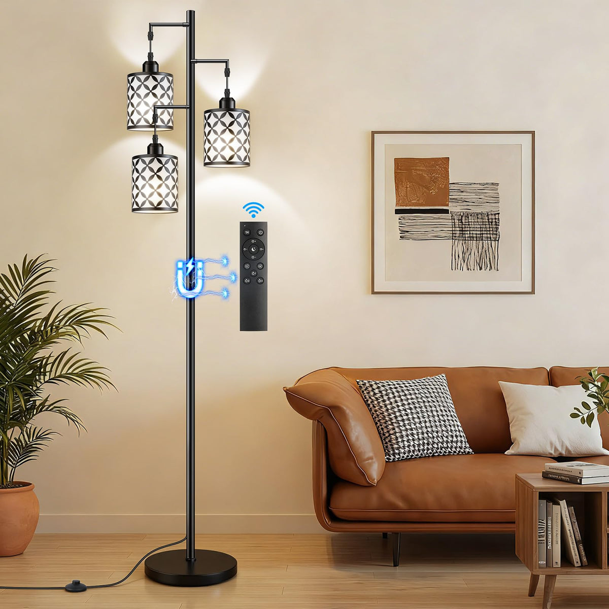 68" Industrial Tree Floor Lamp, Dimmable Farmhouse Tall Standing Lamp with Quatrefoil Cutout Shades & Rotary Dimmer Knob, Corner Light for Living Room Bedroom, 3 x800LM Bulbs Included-Black