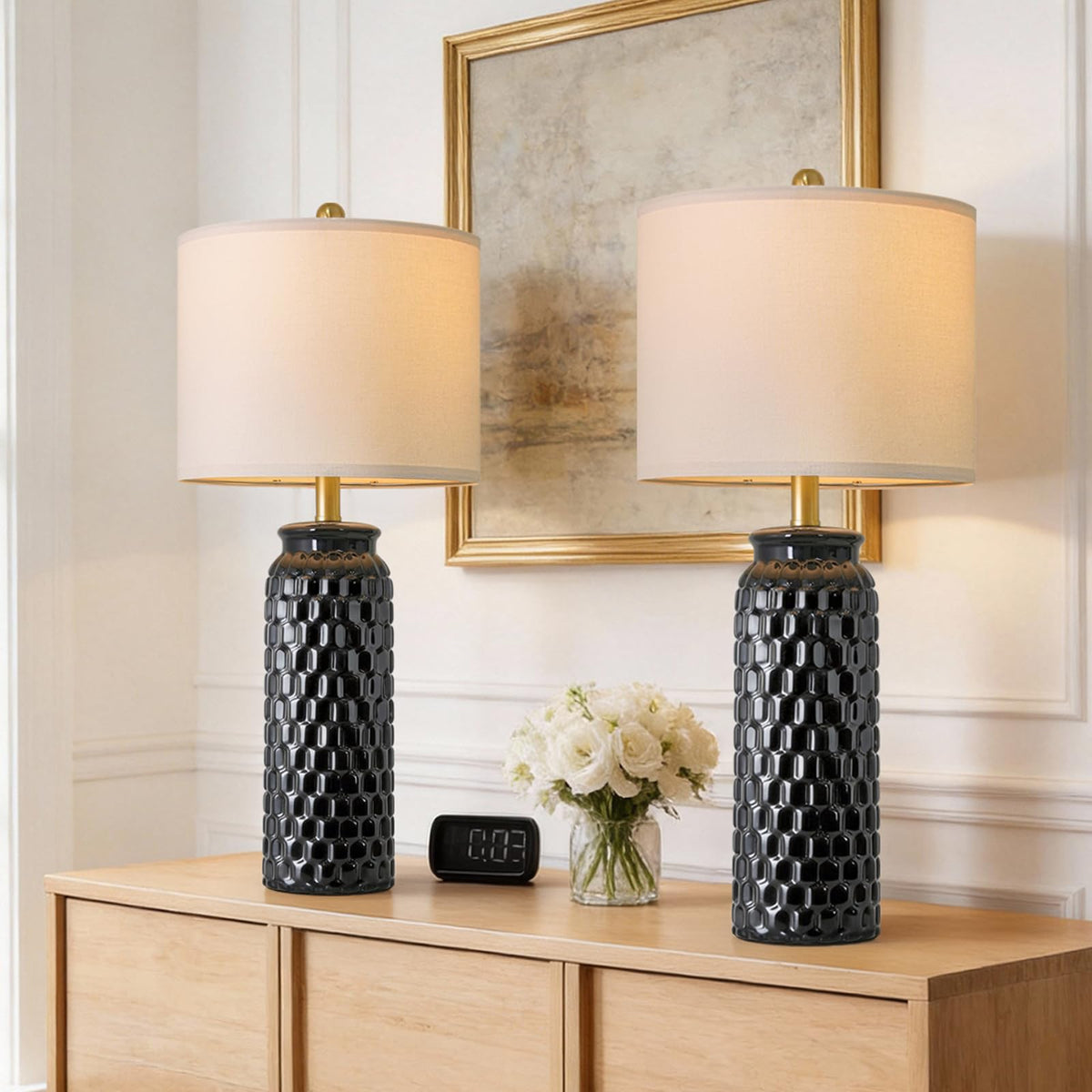 USumkky 25.75" Off-White Ceramic Table Lamp Set of 2, Mid Century Modern Bedside Nightstand Lamps for Bedroom Living Room, Linen Shade & Gold Metal Base, Rotary Switch E26 (Bulbs Excluded)