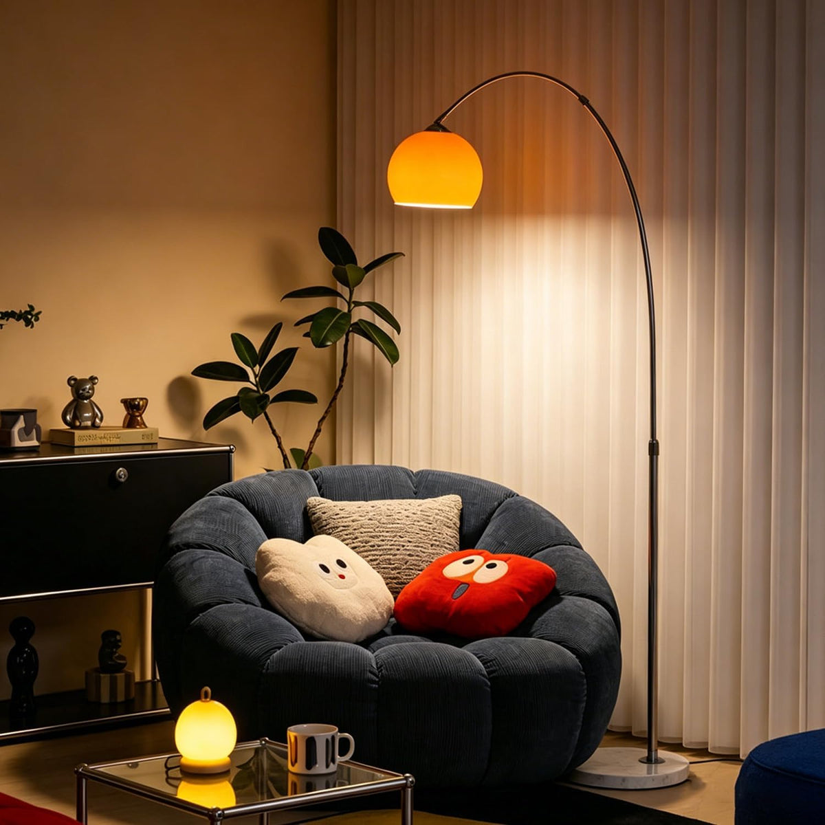 Orange Arc Floor Lamps for Living Room,Mid Century Modern,Marble Base