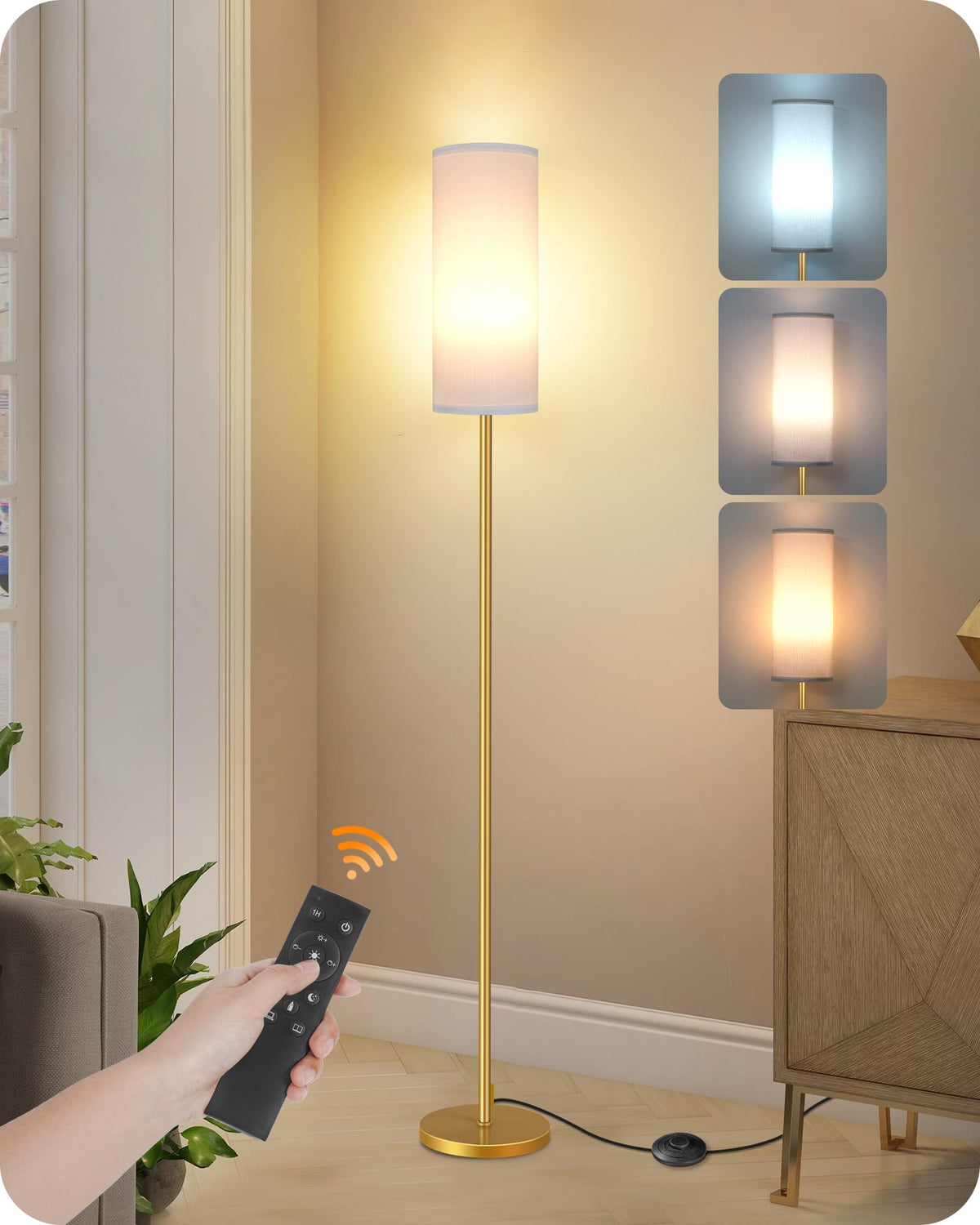 64.4” Slim Floor Lamp for Living Room with Magnetic Remote and Foot Switch, Dimmable Standing Tall Lamp Mood for Bedroom Nursery, 3 Color Temperatures, 1-Hour Timer,900LM Bulb Included,Beige E06LD05W1