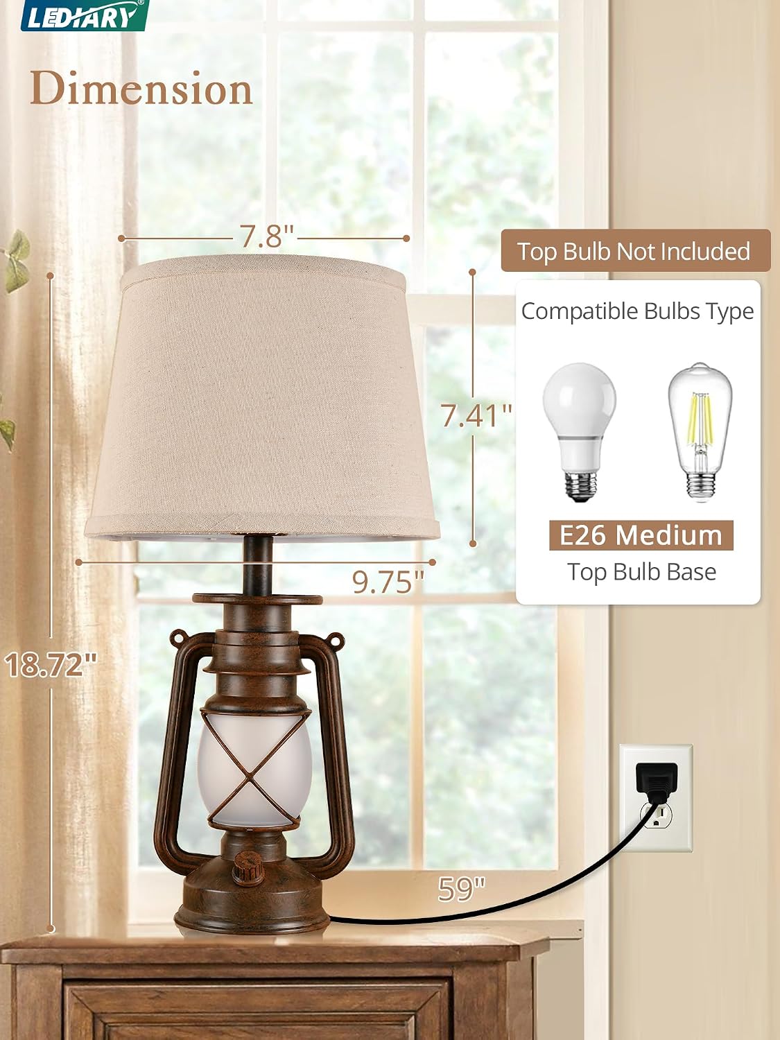 LEDIARY 18.72" LED Vintage Lantern Flickering Flame Table Lamps Set of 2