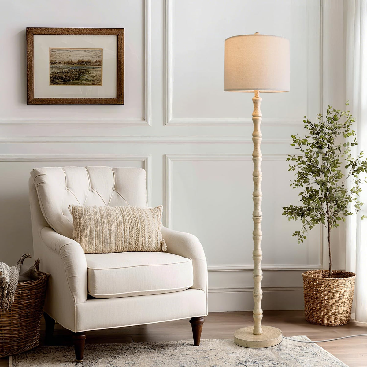 BOBOMOMO 62" Rustic Floor Lamp for Living Room, Retro Farmhouse Floor Lamp Rotary Switch, Resin Standing Lamp for Living Room, Corner, Dining Room, Bedroom, Home Decor