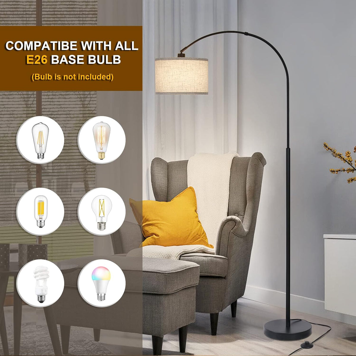 Seaside village Arc Floor Lamps for Living Room, Modern Standing Lamp with Adjustable Hanging Drum Shade, Tall Pole Lamp with Foot Switch, Over Couch Arched Reading Light for Bedroom, Office (Black)
