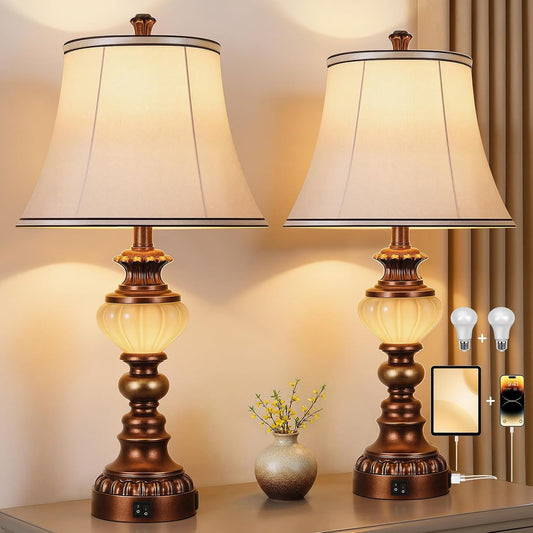 27'' Farmhouse Tall Table Lamps Set of 2 for Living Room, Traditional Vintage Bedside Table Lamps with Nightlight and USB Ports, Boho Nightstand Lamps for Bedroom End Table Home Decor(Bulbs Included)