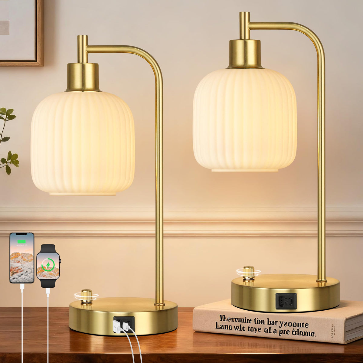 Green Glass Table Lamps Set of 2, Dimmable Bedside Lamps for Living Room