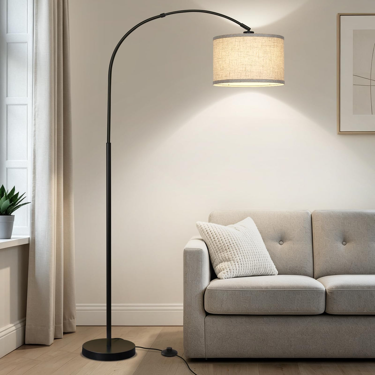 Seaside village Arc Floor Lamps for Living Room, Modern Standing Lamp with Adjustable Hanging Drum Shade, Tall Pole Lamp with Foot Switch, Over Couch Arched Reading Light for Bedroom, Office (Black)