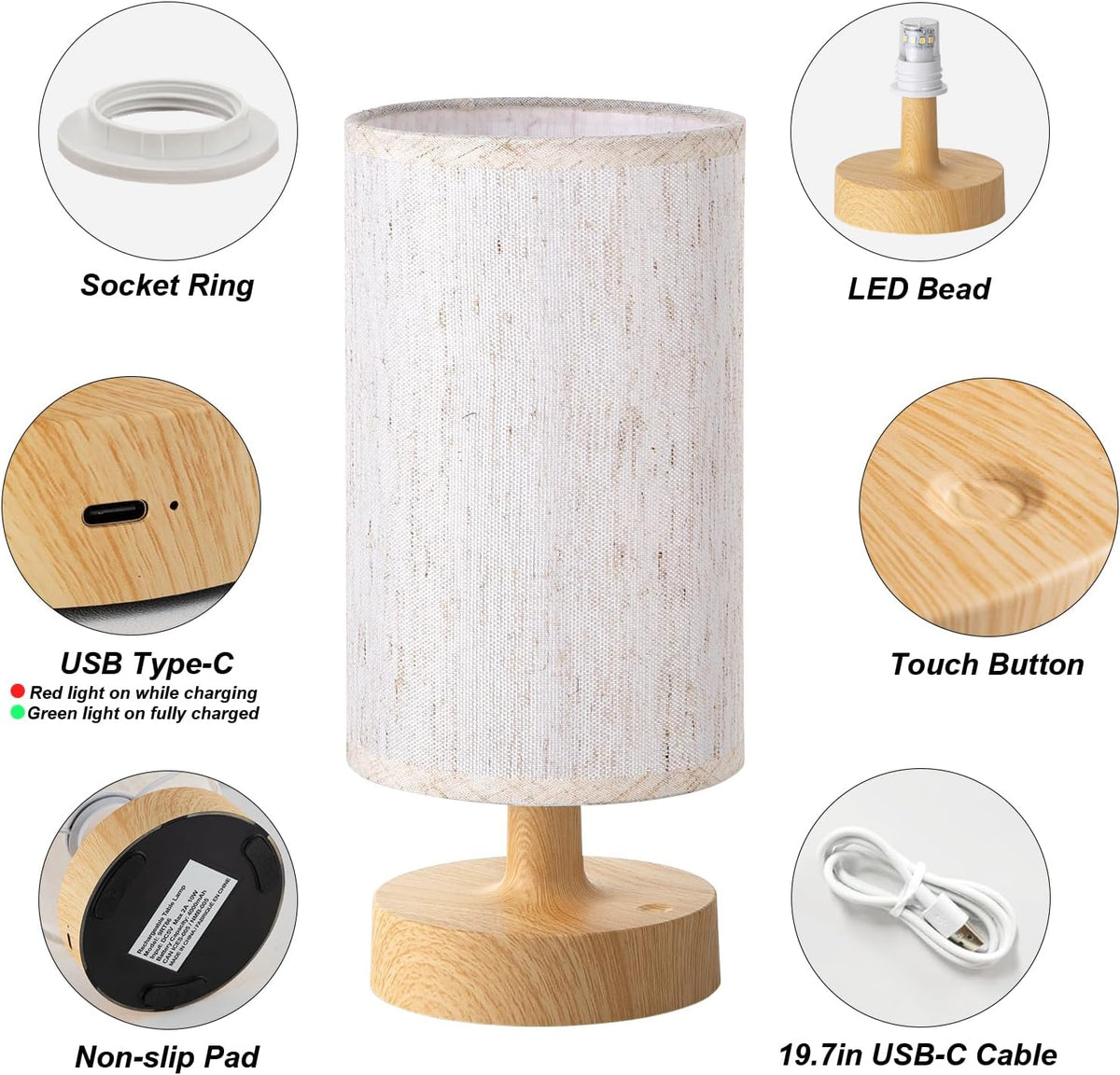 Kakanuo Cordless Table Lamp Rechargeable Small - 2 Pack Beige Wood, 4000mAh Battery Operated Lamp with Touch Control Stepless Dimming, Wireless Lamp for Bedside, Nightstand, Bedroom, Living Room