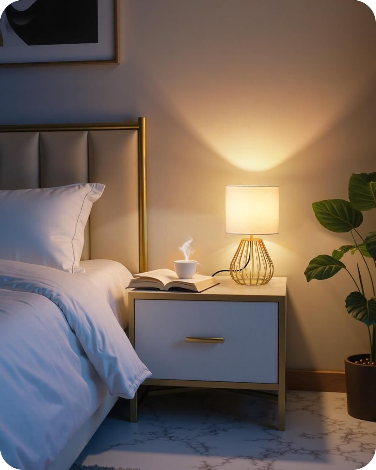 Gold Table Lamp, 12.6 Inch Small Bedside Lamp with 2700K LED Bulb
