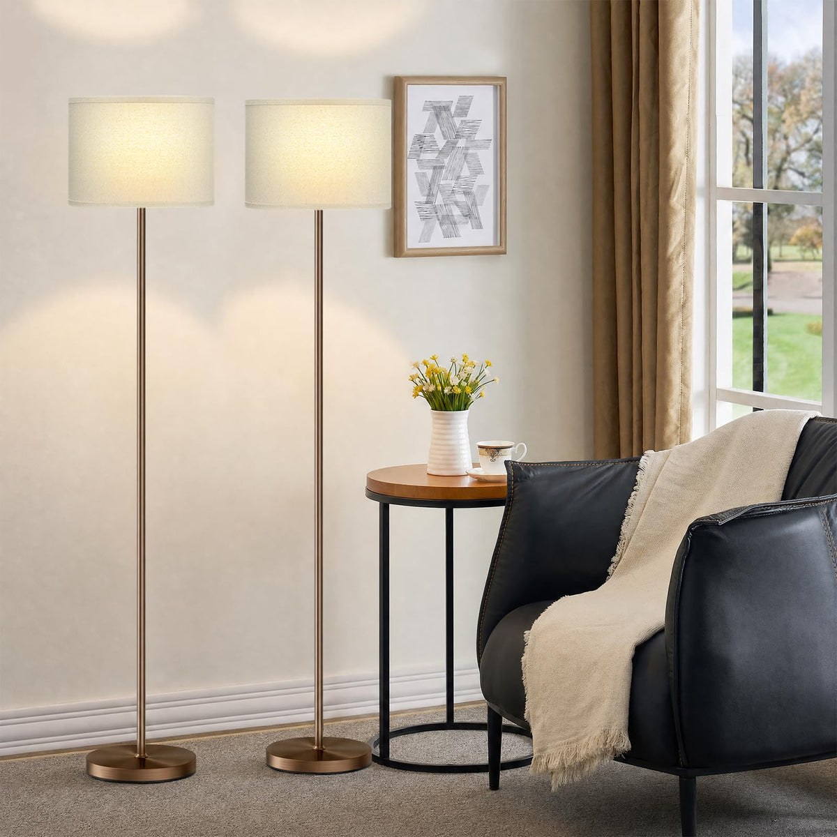 Ambimall 60'' Modern Floor Lamp with Shade, Tall Lamps for Living Room, Bedroom, Office, Dining Room, Beige Shade with Gold Pole(Without Bulb)