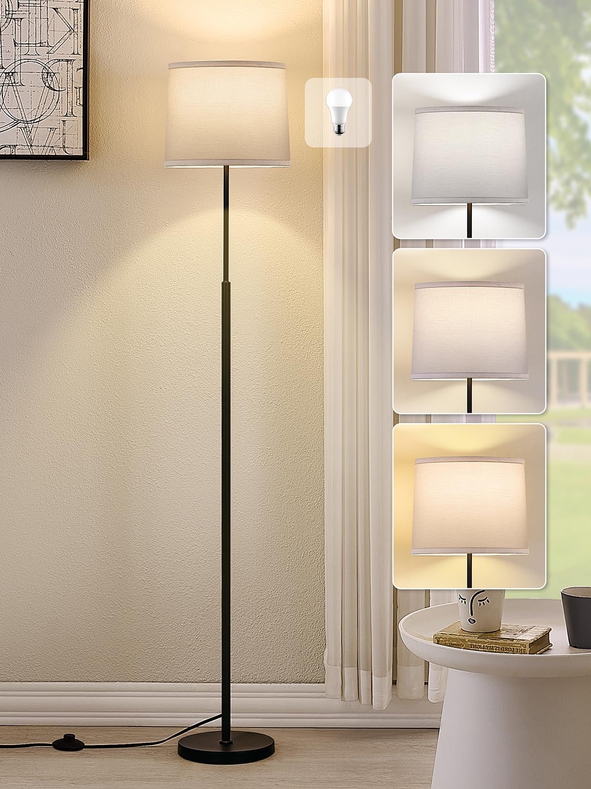 60" Modern Floor Lamp with Linen Shade, 3 Color LED Bulb & Foot Switch