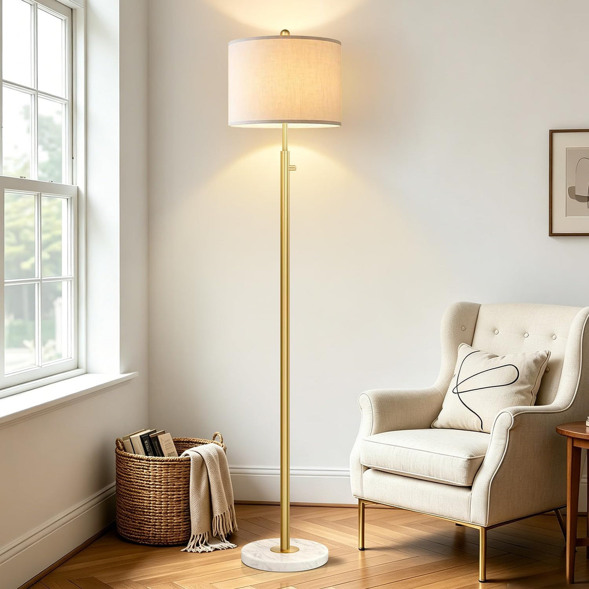 Nintiue Dimmable Gold Floor Lamp, Turkish Marble Base, White Linen Shade