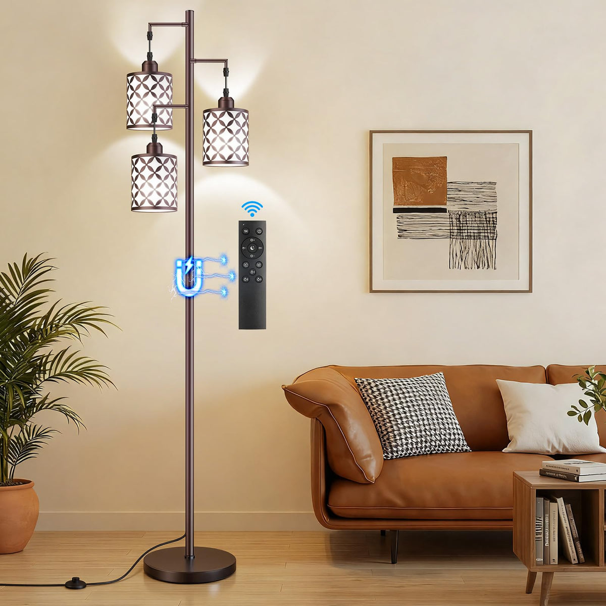 68" Industrial Tree Floor Lamp, Dimmable Farmhouse Tall Standing Lamp with Quatrefoil Cutout Shades & Rotary Dimmer Knob, Corner Light for Living Room Bedroom, 3 x800LM Bulbs Included-Black