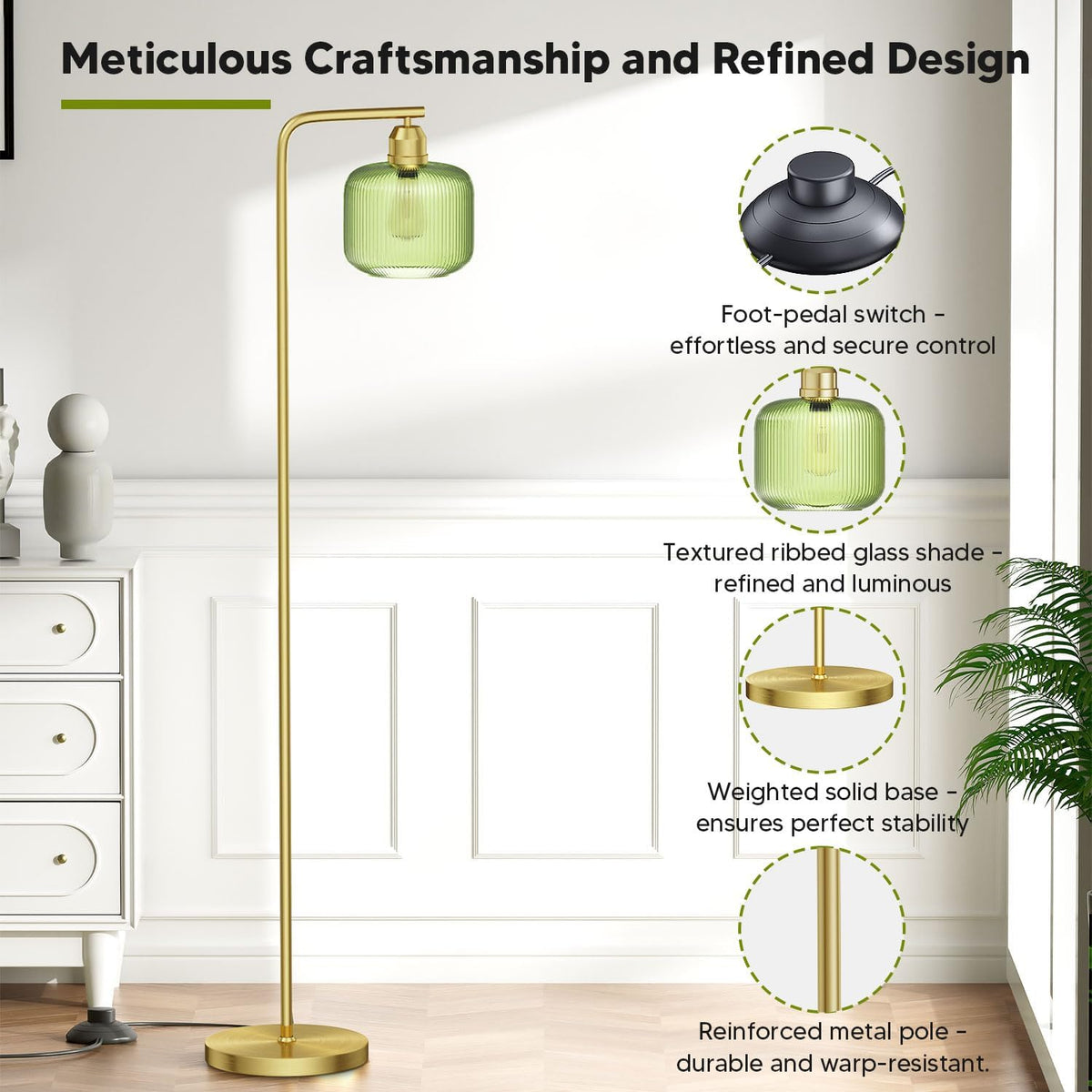 66" Gold Floor Lamp,Standing Lamp with Green Ribbed Glass for Living Room