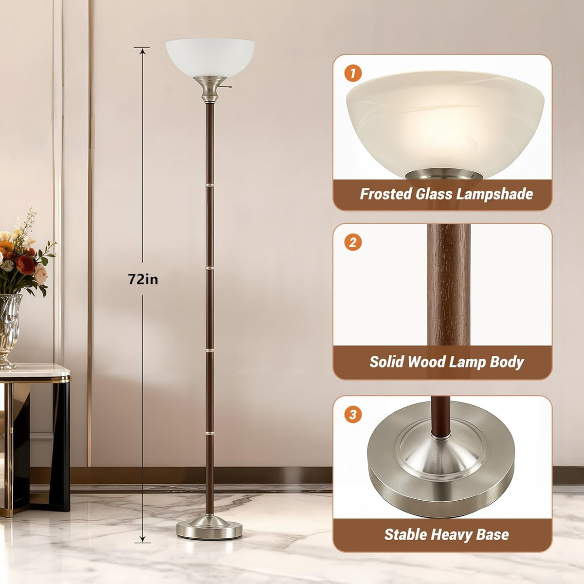 EJIAXIN 72" Wood Torchiere Floor Lamp with Glass Shade Walnut Standing Lamp