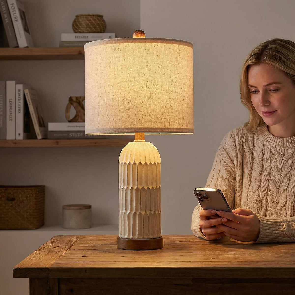 OYEARS 22" Bedside Table Lamps Set of 2, Farmhouse Lamp with USB A+C,Brown