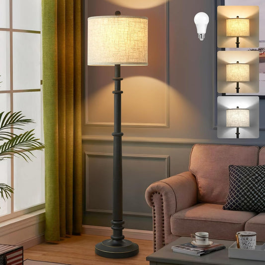 EJIAXIN Floor Lamps for Living Room - 60" Farmhouse Floor Lamp with Adjustable Color Temperatures - Vintage Standing Lamp Reading Light with Linen Shade Retro Tall Lamp for Bedroom Office, Black