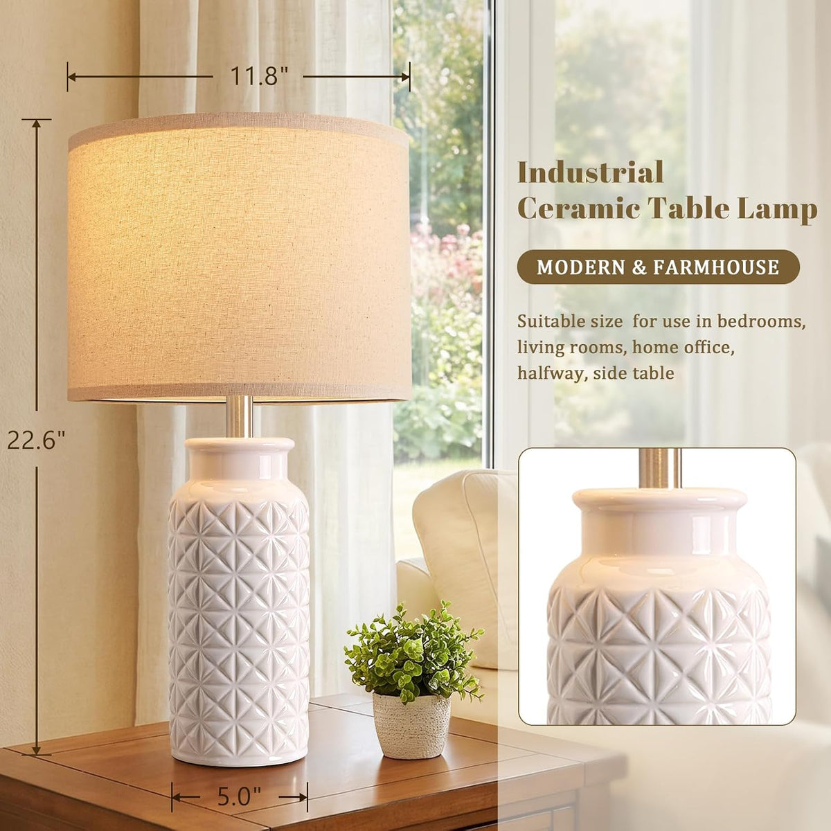 Innqoo 22.6" Modern Ceramic Bedside Lamps Set of 2, Lamps for Bedroom,White
