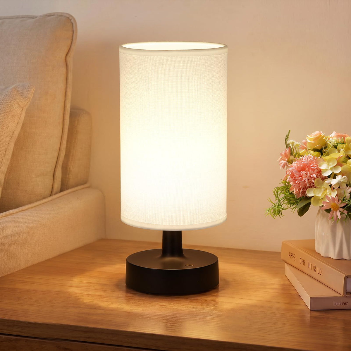 Kakanuo Cordless Table Lamp Rechargeable Small - 2 Pack Beige Wood, 4000mAh Battery Operated Lamp with Touch Control Stepless Dimming, Wireless Lamp for Bedside, Nightstand, Bedroom, Living Room