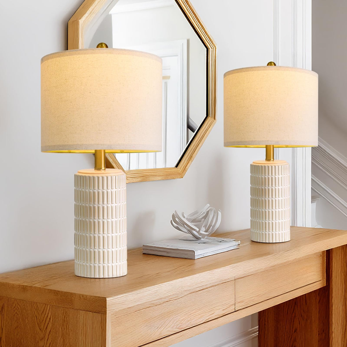 PoKat 20.75" Small Modern Ceramic Table Lamps Set of 2 for Bedroom, White