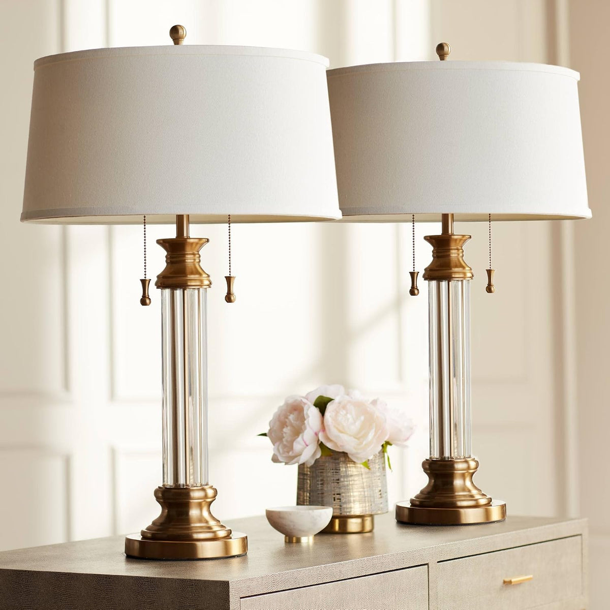 Rolland 30" Large Table Lamps Set of 2 Gold Brass Glass Antique