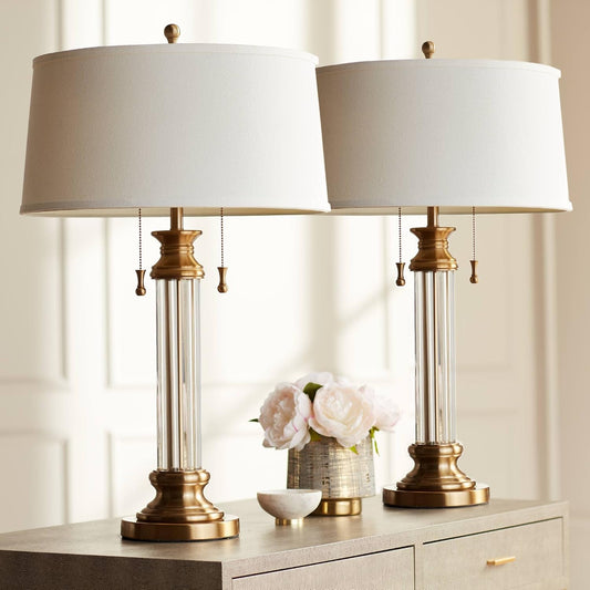 Rolland 30" Large Table Lamps Set of 2 Gold Brass Glass Antique
