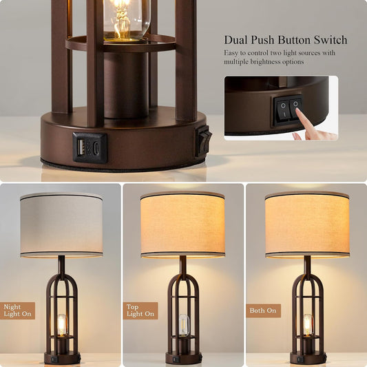 SRJJA 24" Farmhouse Table Lamps for Living Room Bedroom Set of 2, USB A+C