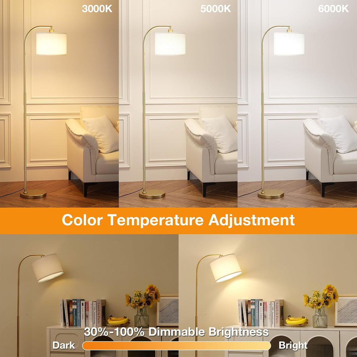 Ambimall Arc Floor Lamp with Remote and Stepless Dimmable Bulb, Colors Temperature & Brightness Adjustable, Gold Floor Lamps for Living Room(Deep Beige Shade & Gold Pole)
