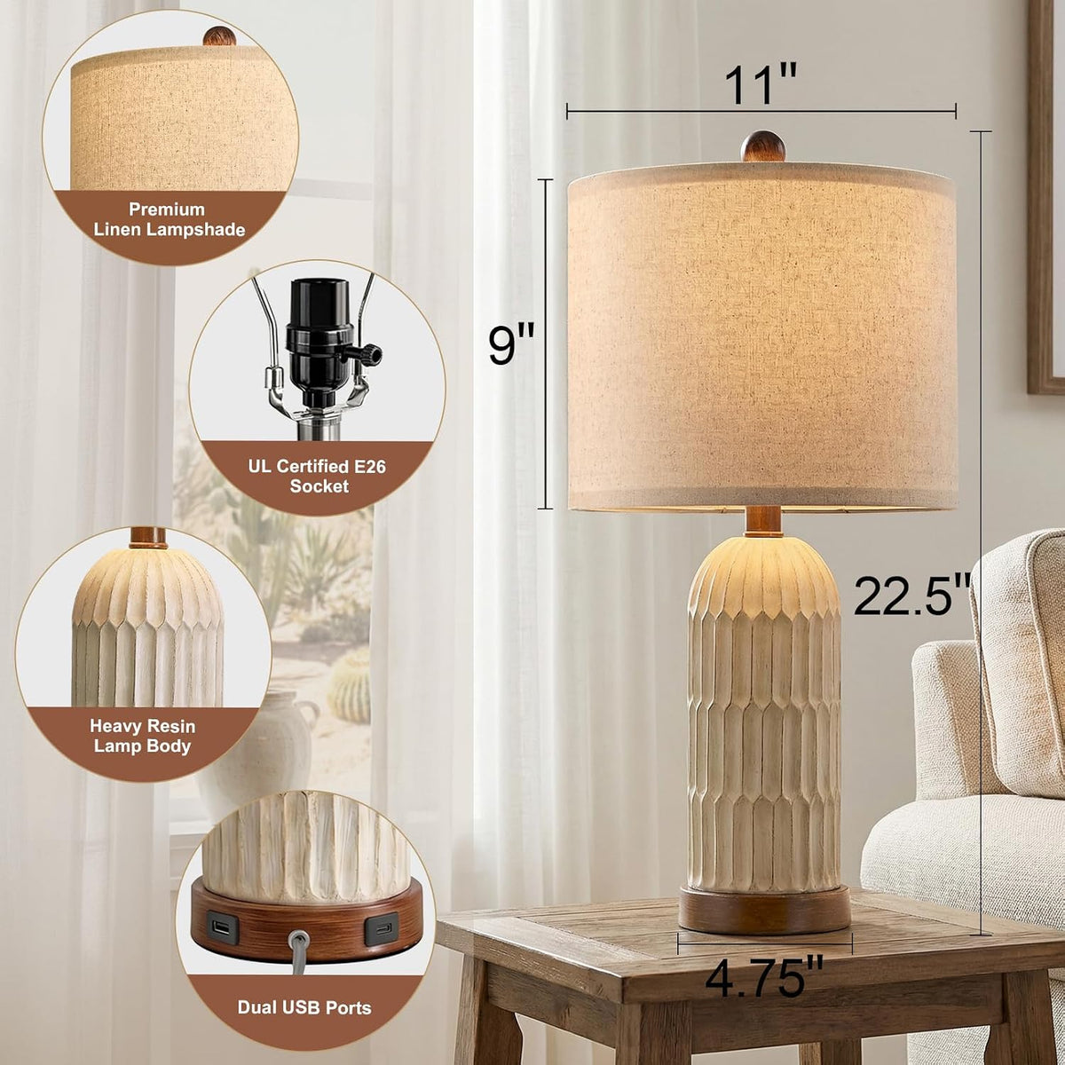 OYEARS 22" Bedside Table Lamps Set of 2, Farmhouse Lamp with USB A+C,Brown