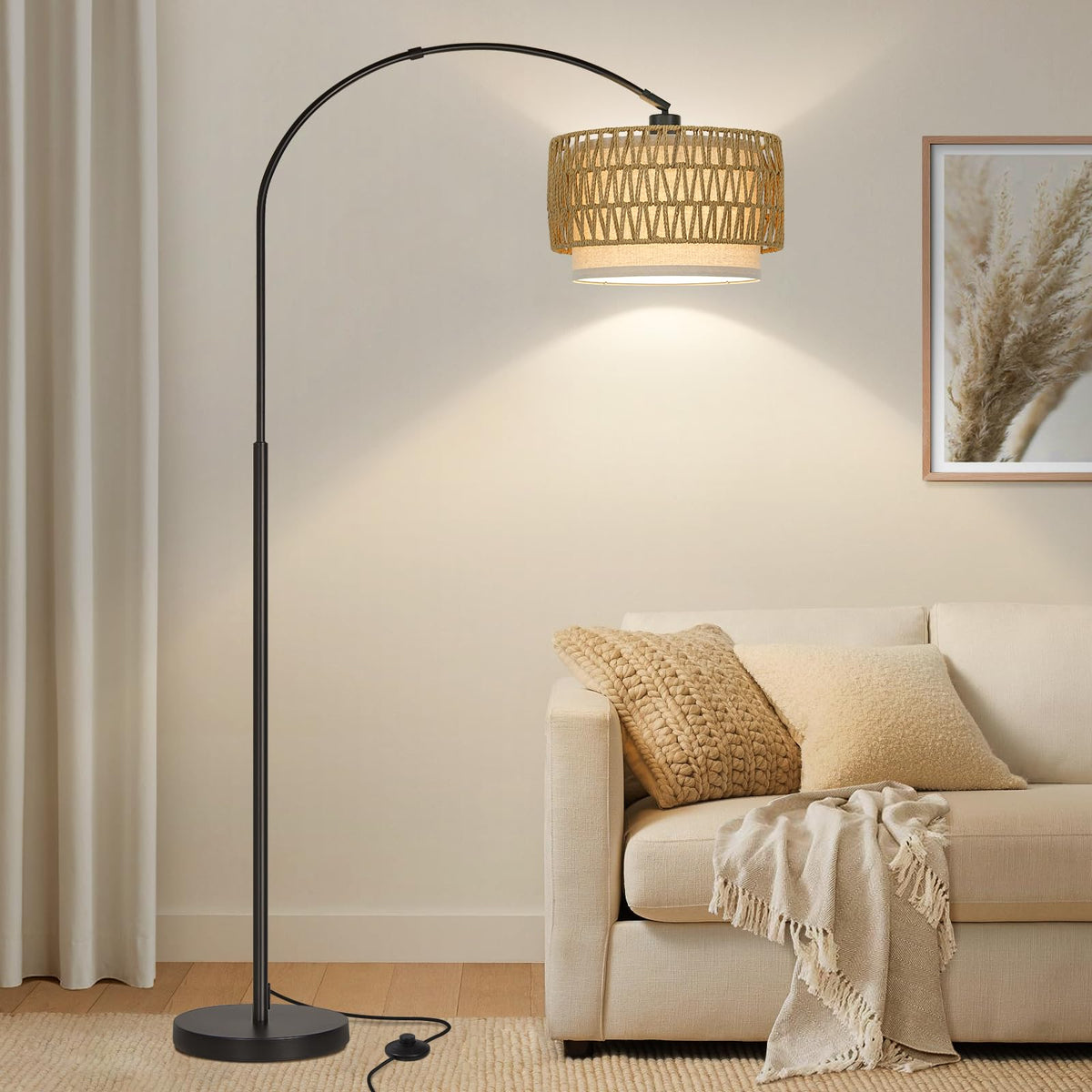 Seaside village Arc Floor Lamps for Living Room, Modern Standing Lamp with Adjustable Hanging Drum Shade, Tall Pole Lamp with Foot Switch, Over Couch Arched Reading Light for Bedroom, Office (Black)