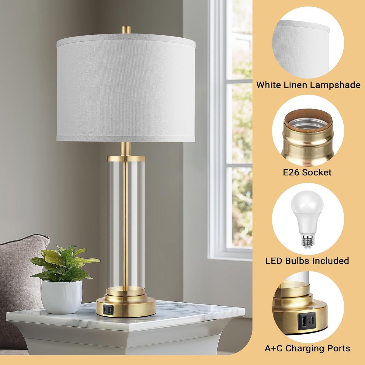 Glass Table Lamps Set of 2, Modern Gold Dimmable Beside Lamps for Bedroom
