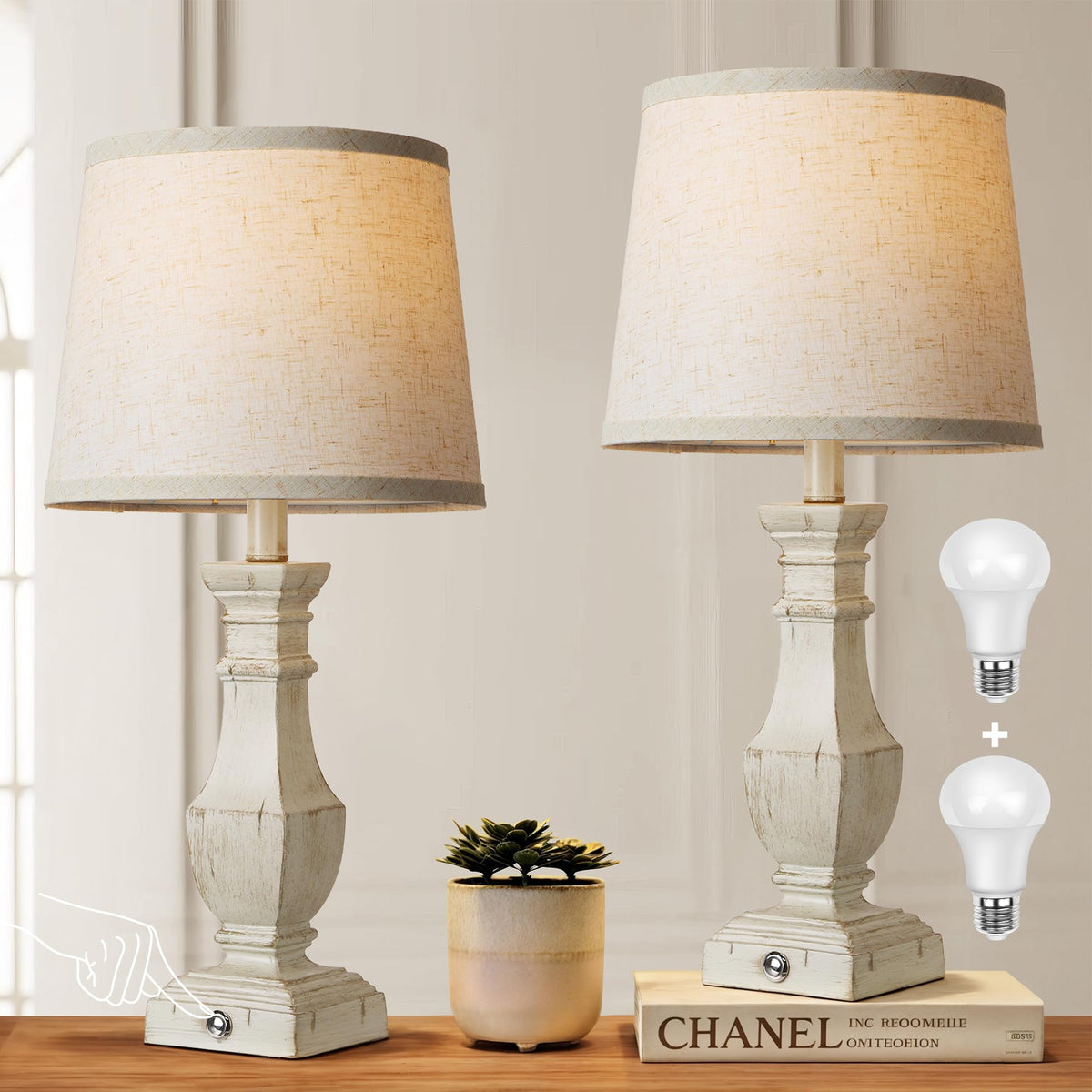 ROTTOGOON Dimmable Table Lamps Set of 2, Rustic Farmhouse Table Lamps for Living Room Bedroom, Bedside Desk Lamps for end Tables, Touch Lamps for nightstand, 9W Bulbs Included, 22", Brown