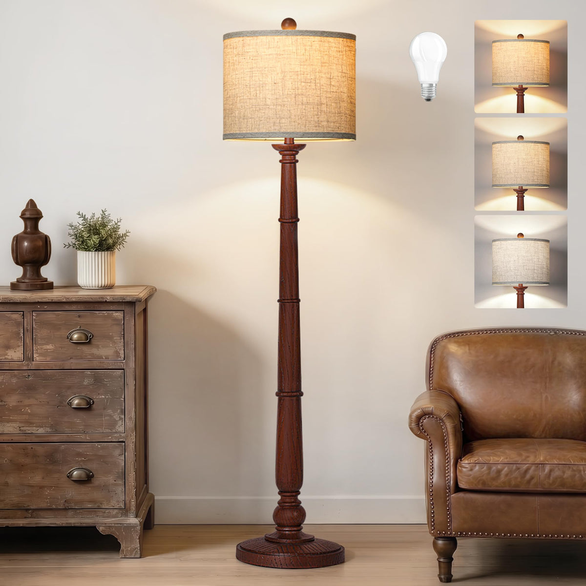 61'' Vintage Floor Lamp for Living Room, Rustic Farmhouse Tall Standing Lamp with 3 Color Temperatures, Retro Reading Pole Lamps with Linen Shade for Bedroom Office Home Decor, Black(Bulb Included)
