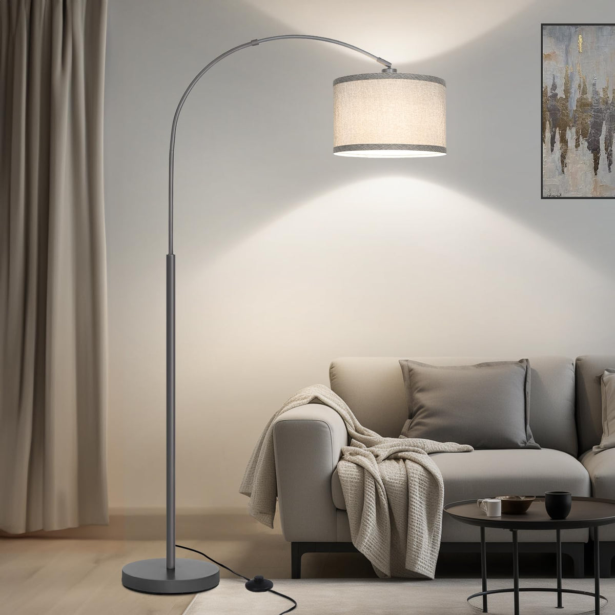 Seaside village Arc Floor Lamps for Living Room, Modern Standing Lamp with Adjustable Hanging Drum Shade, Tall Pole Lamp with Foot Switch, Over Couch Arched Reading Light for Bedroom, Office (Black)