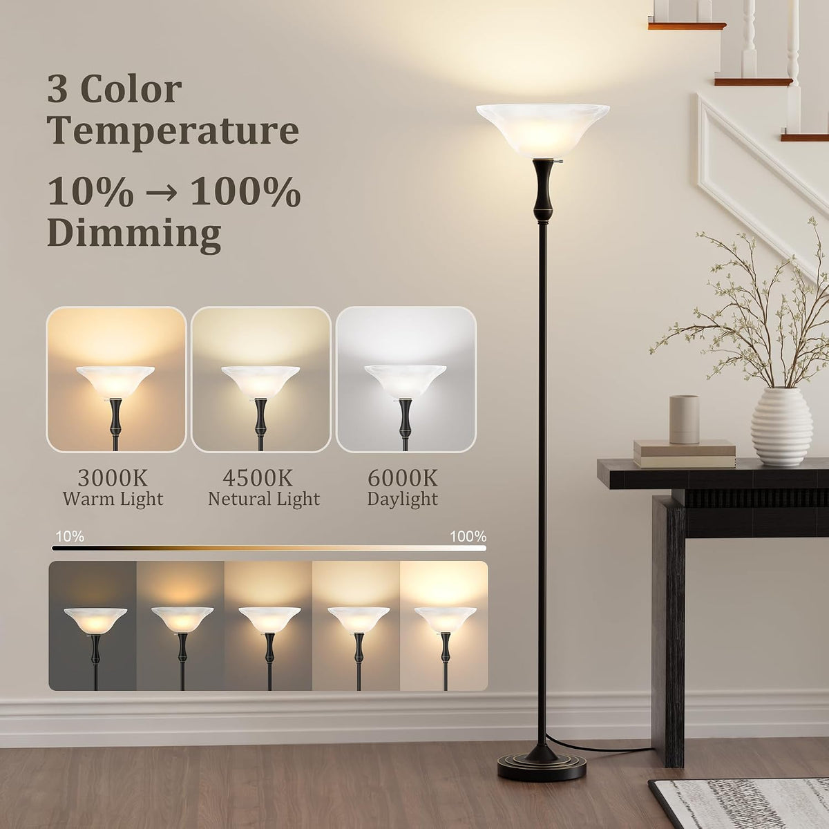 SIBRILLE Dimmable LED Torchiere Floor Lamp with Glass Shade