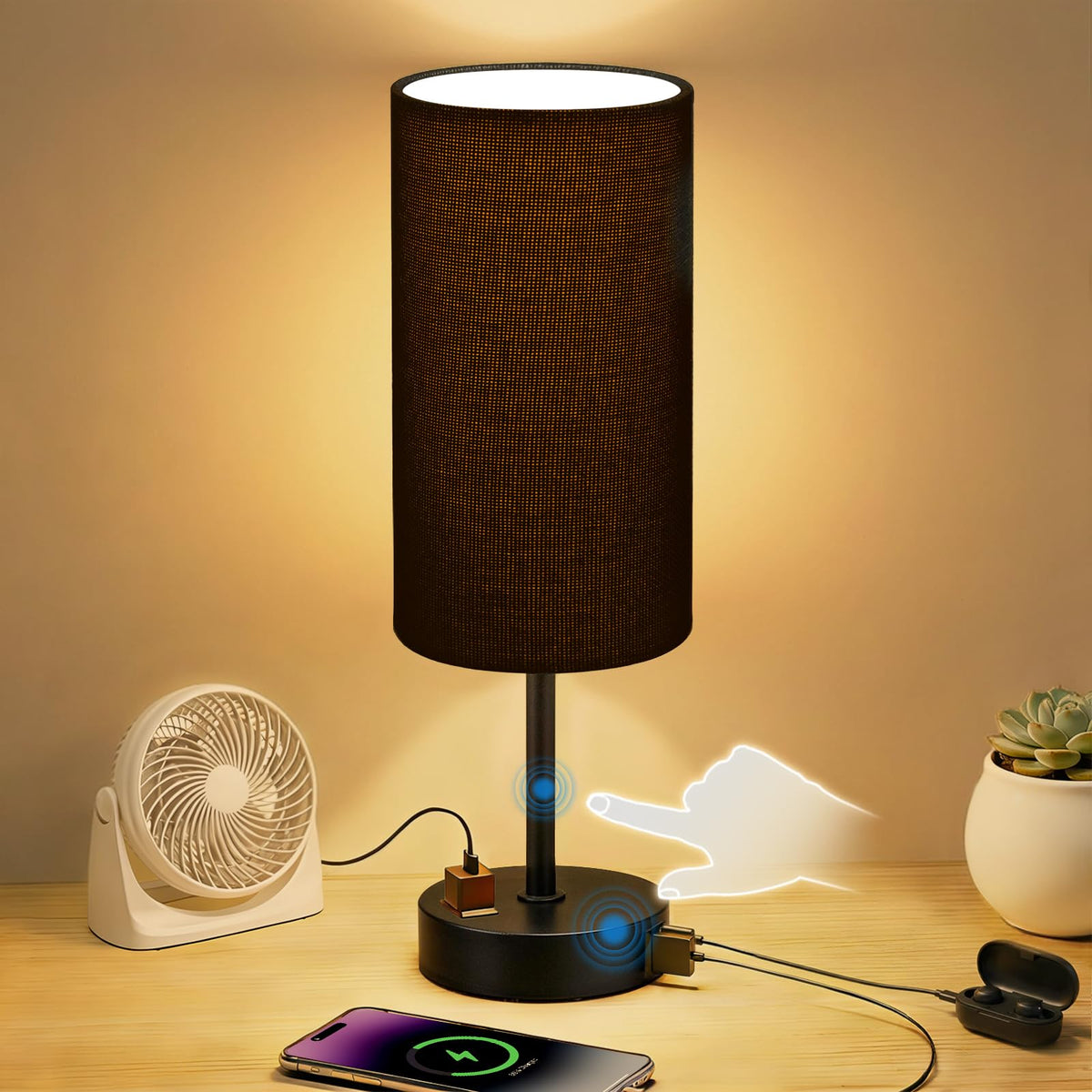 Table Lamp for Bedroom, High-Sensitivity Touch, AC Outlet, USB A+C