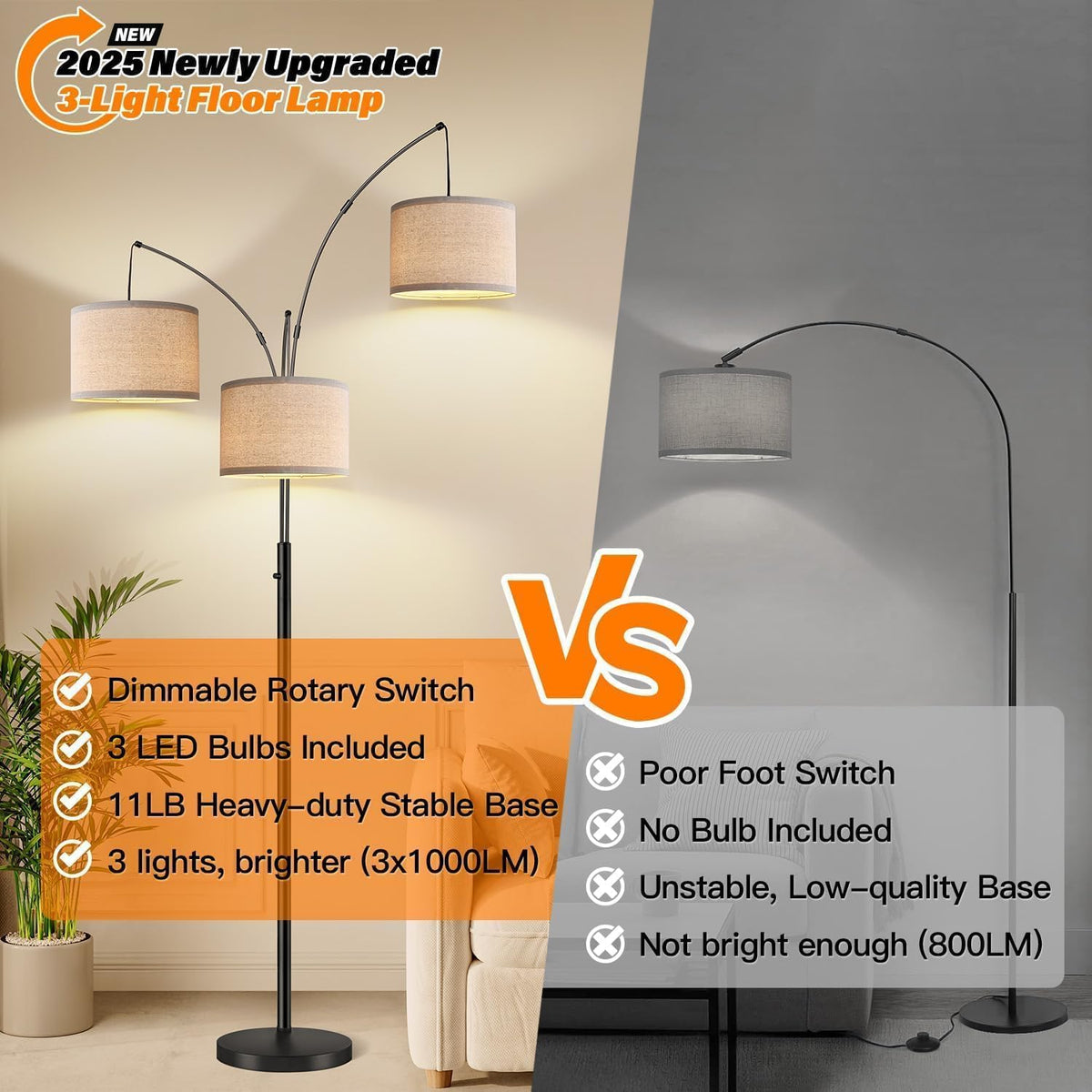 Dimmable 3 Lights Floor Lamp - 3000LM Super Bright Arc Floor Lamps for Living Room, Modern Tall Standing Lamp With Beige Shades, Mid Century Tree Floor Lamp for Bedroom Office, 3 LED Bulbs Included