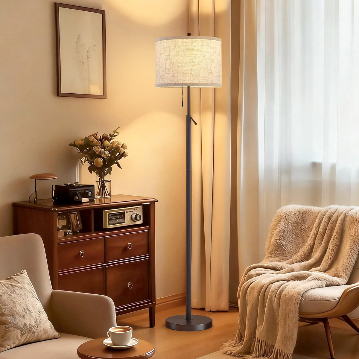GyroVu Black Floor Lamp, Height Adjustable Standing Lamp Tall Lamp with Fabric Lampshade&Pull Chain Corner Floor Lamps for Living Room, Bedroom & Office Bulbs Not Included(Black Base)