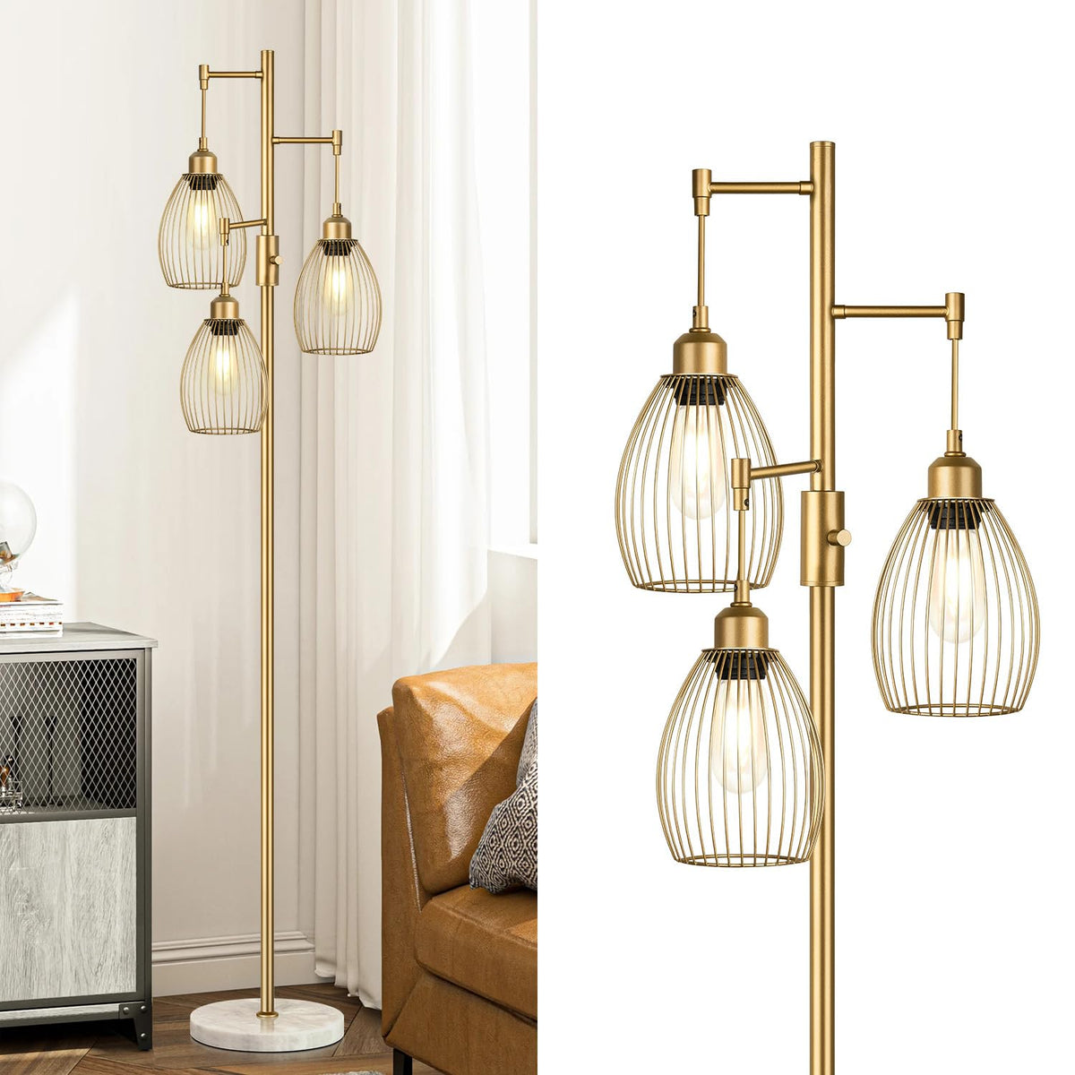 Dimmable Floor Lamp, Industrial Floor Lamps for Living Room, Gold Tree Lamp Standing Lamp Tall Lamps with 3 Elegant Teardrop Cage Head & 800 Lumens LED Bulbs for Living room Bedroom Office Dining Room