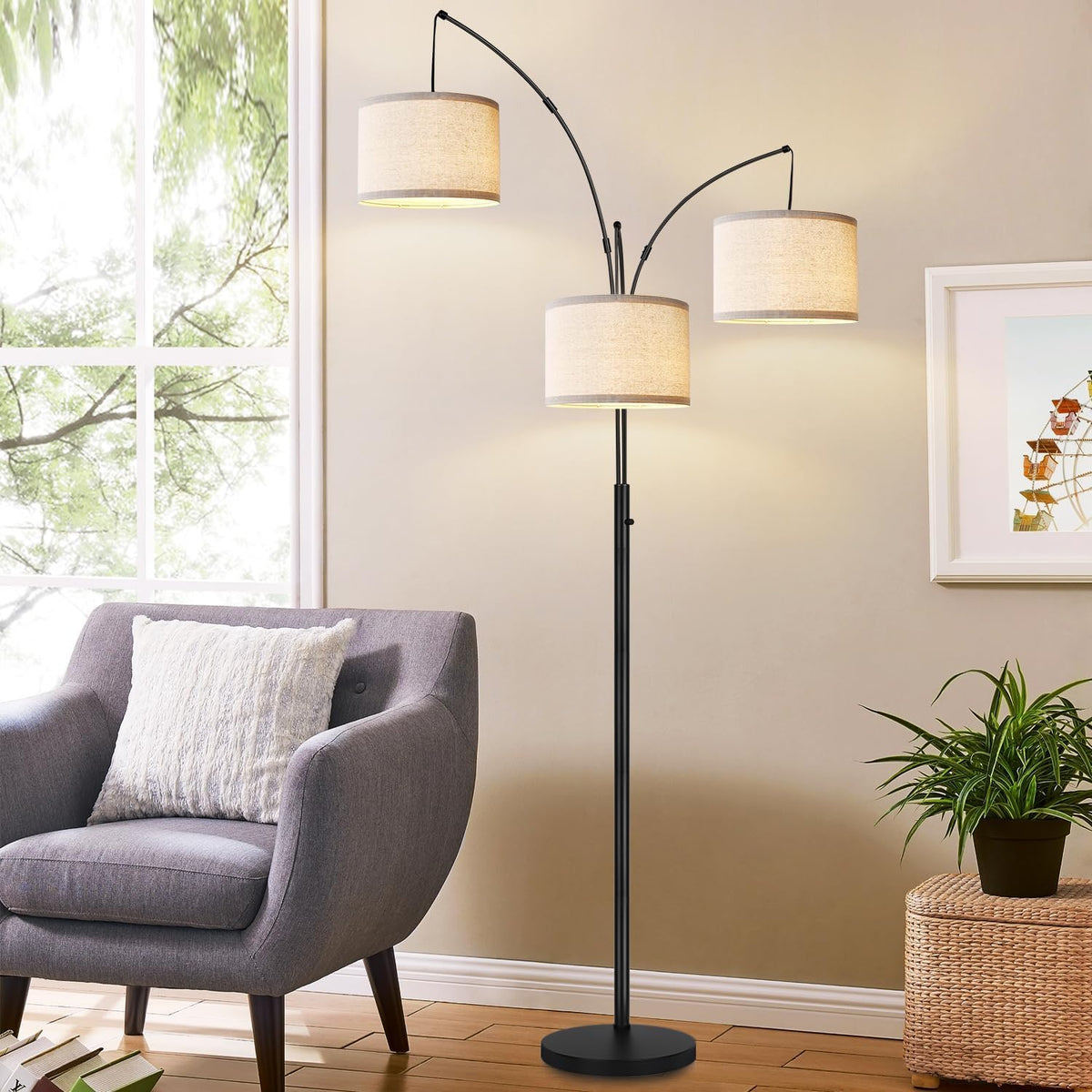 Dimmable 3 Lights Floor Lamp - 3000LM Super Bright Arc Floor Lamps for Living Room, Modern Tall Standing Lamp With Beige Shades, Mid Century Tree Floor Lamp for Bedroom Office, 3 LED Bulbs Included